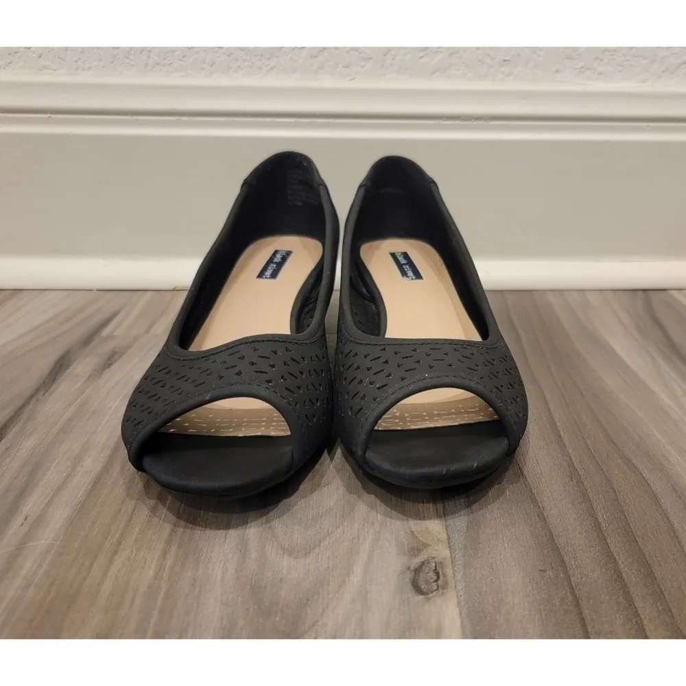 Women's Black Rivet Open Toe Wedges